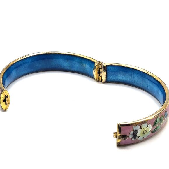 Vintage Pink Blue Flower Cloisonne Hinged  Bangle Bracelet 7.5in - Picture 5 of 6